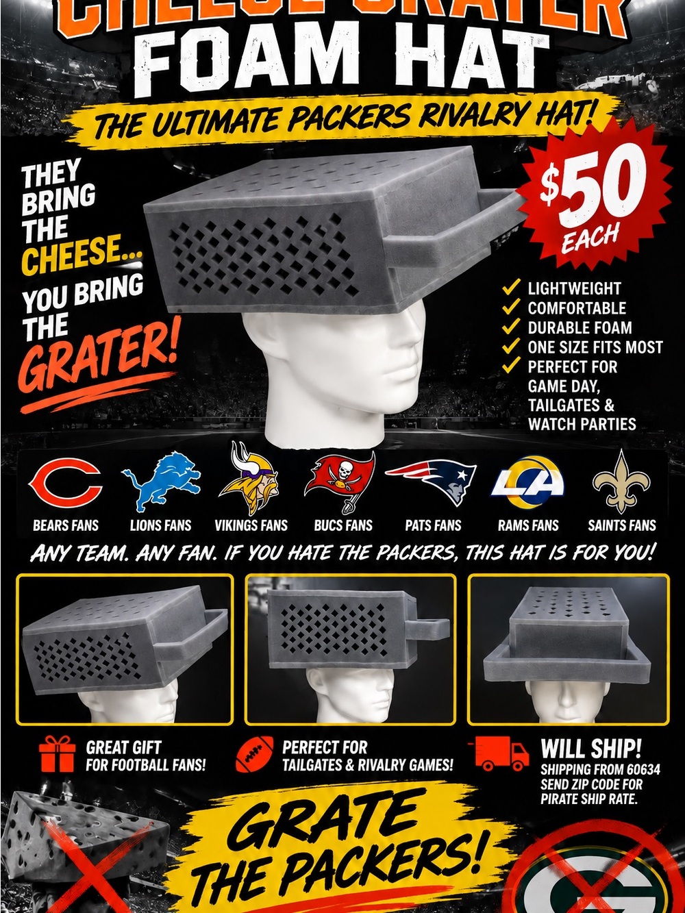 Cheese Grater Foam Hat | Packers Rivalry Tailgate Game Day Gear